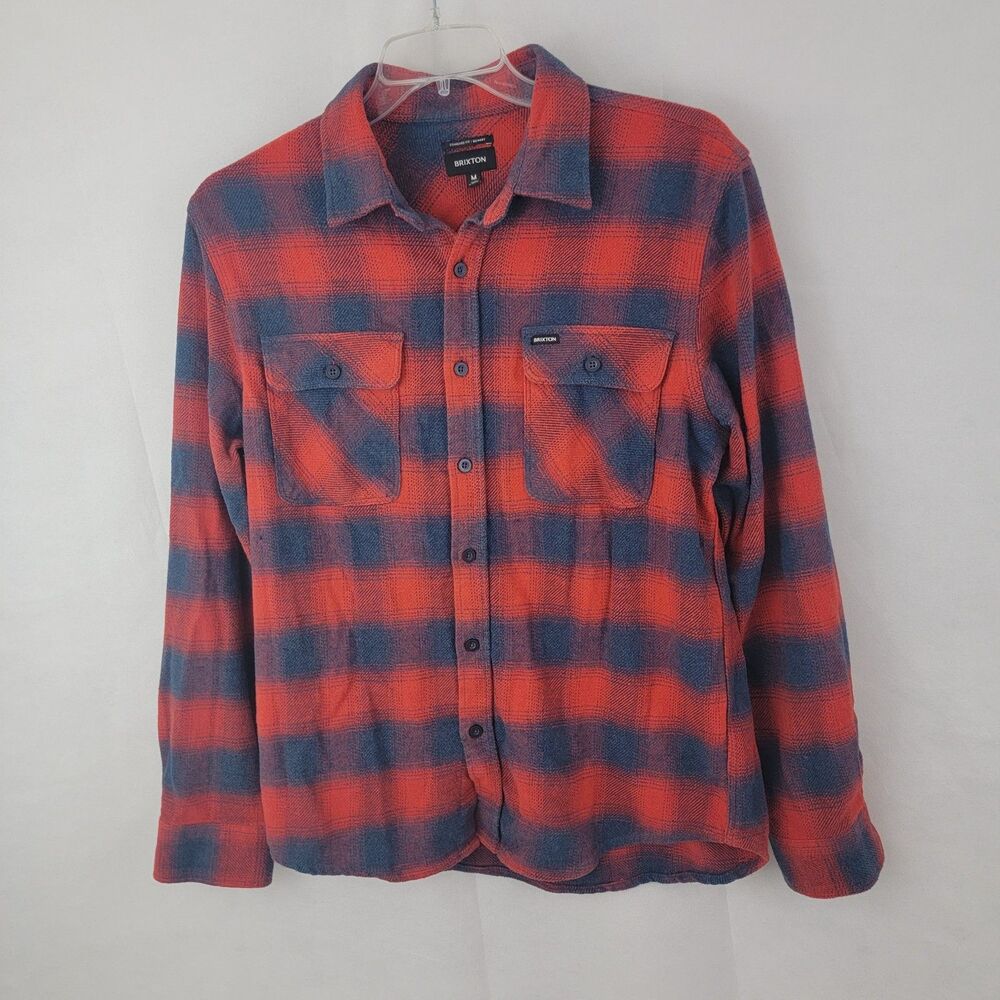 BRIXTON Mens Bowery Shirt M Standard Fit Plaid RED Blue Flannel Long Sleeve Work